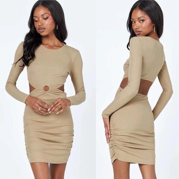 Princess Polly Orani Tan Long Sleeve Ribbed Cut Out Mini Dress - Picture 2 of 11